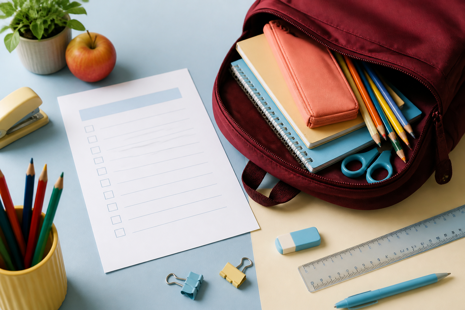 Okul kırtasiye listesi, hazırlanmış çanta, defter ve kalemler